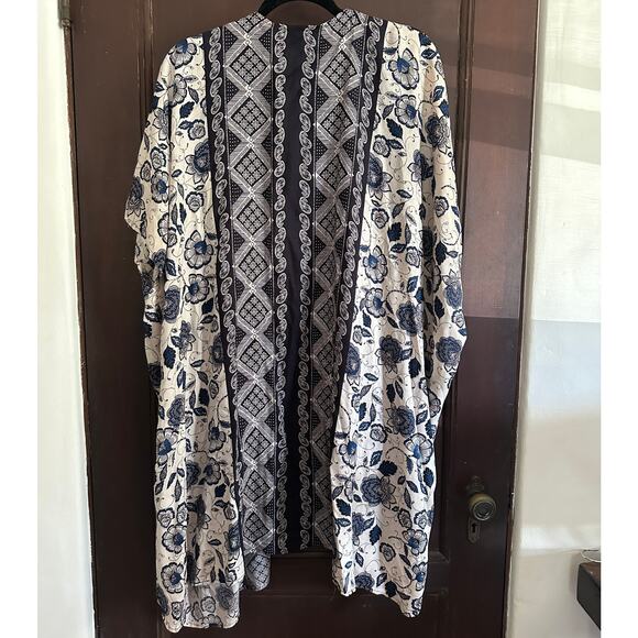 ANGIE | Black and blue Floral Open Front Cream and Blue Floral Kimono | Small - Picture 2 of 5